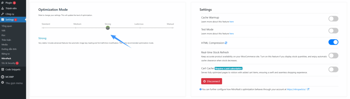 chọn mode tối ưu trên wordpress nitropack