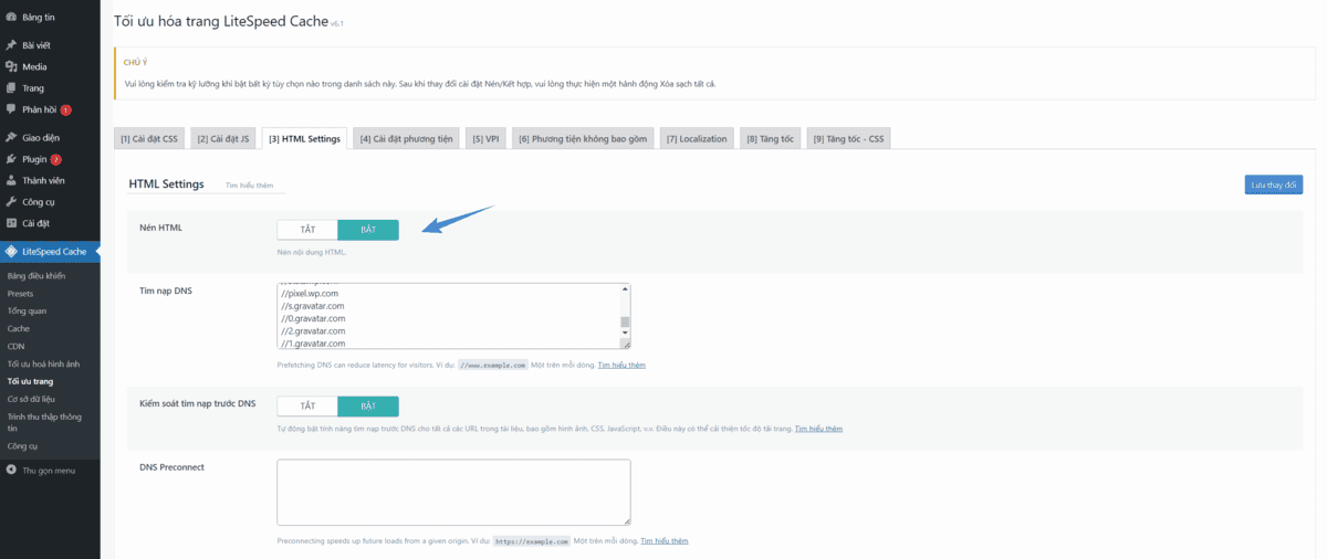 html setting trên litespeed cache