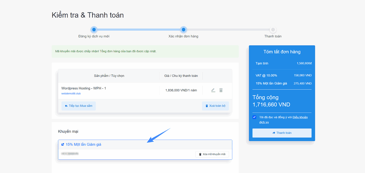 nhập mã giảm giá hostvn và hoàn tất thanh toán