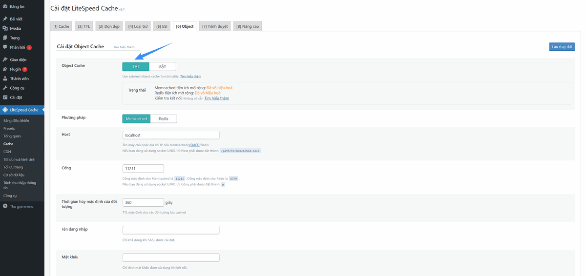 object cache bạn chọn tắt
