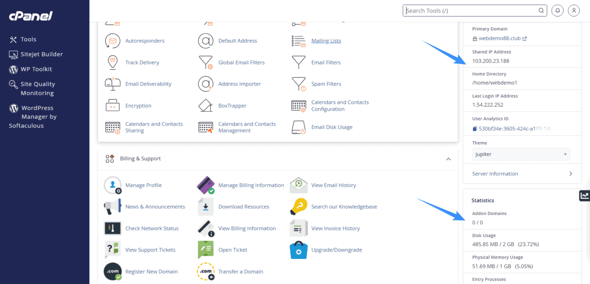 các thống kê trên cpanel