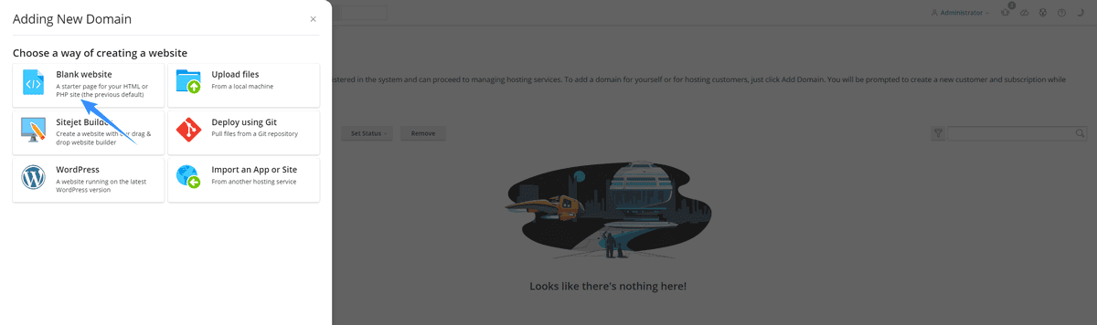 chon add blank website tren plesk