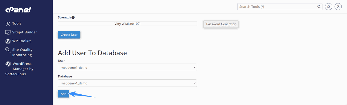 chọn add user to database trên cpanel
