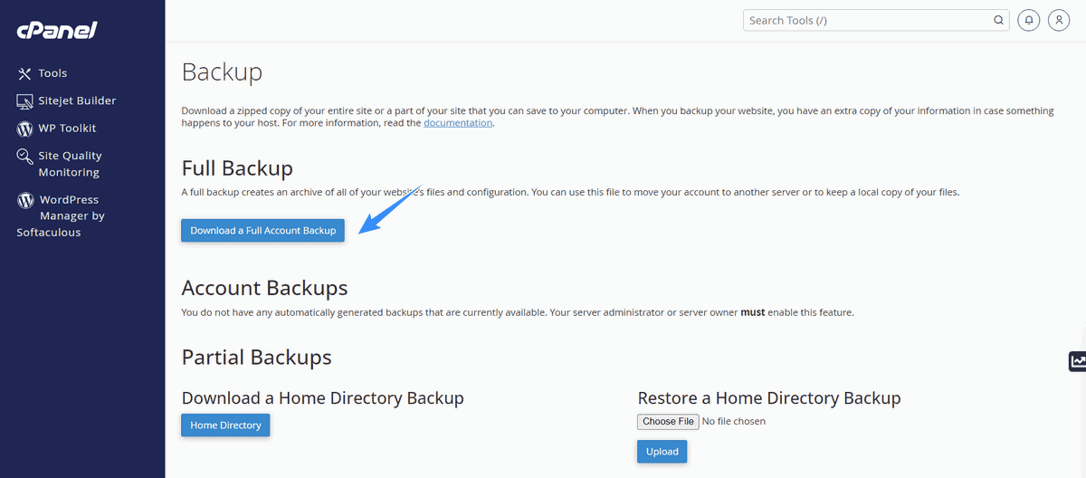 chọn download a full a account backup để tải file