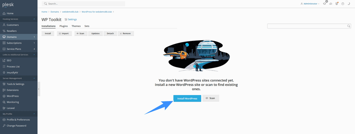 chọn install wordpress trên plesk