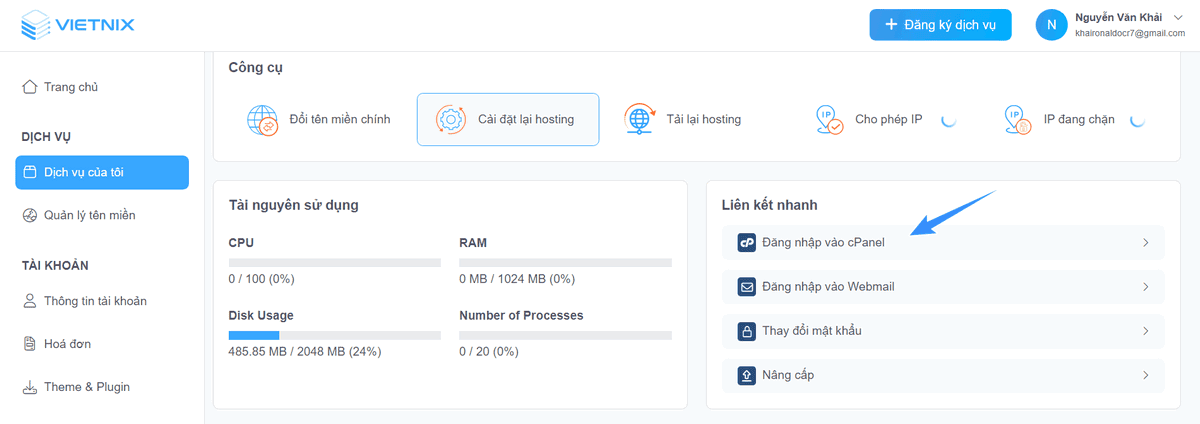 đăng nhập vào trang quản lý cpanel