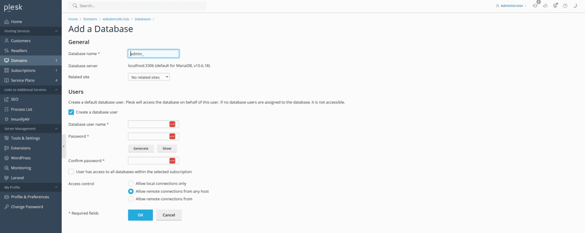 điền các thông tin database trên plesk