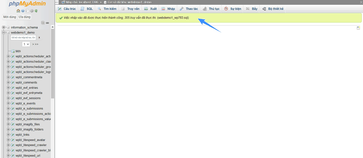 nhập database thành công trên host cpanel
