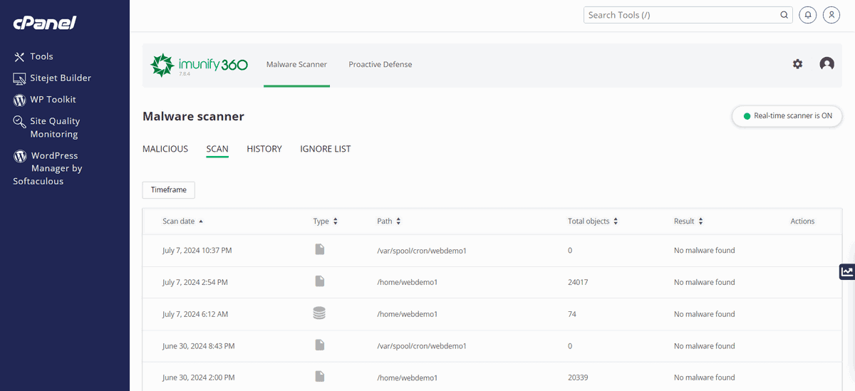scan mã độc imunify360 trên cpanel