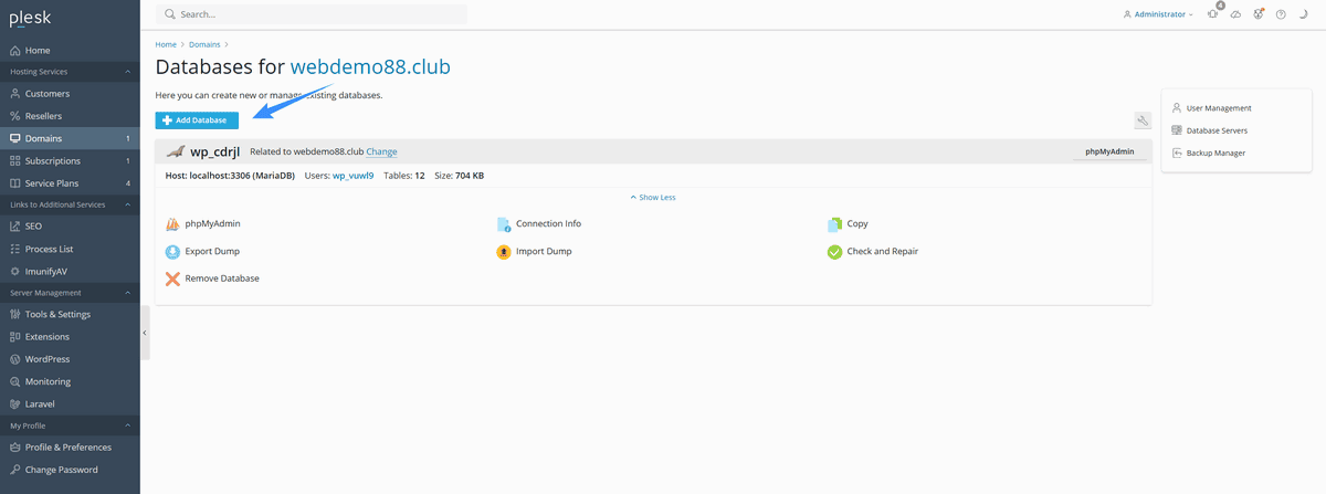 tiếp tục chọn add database trên plesk