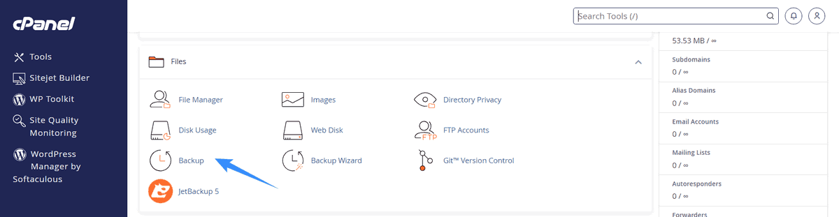 truy cập backup mặc định của hosting cpanel