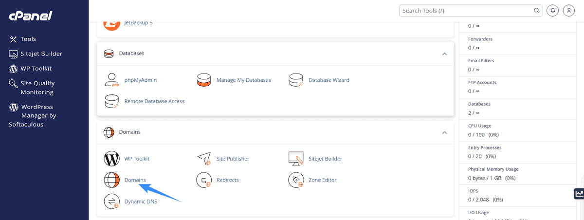 truy cap tien ich domain tren hosting cpanel