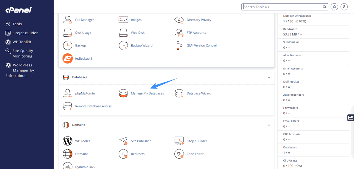 truy cập tiện ích manager my databases