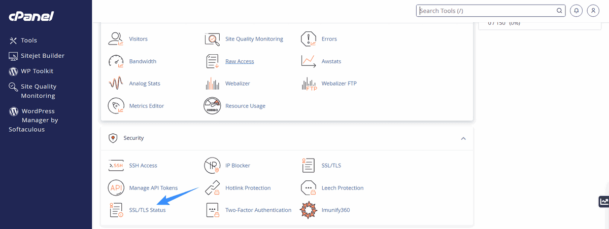 truy cập tiện ích sll tsl status trên cpanel