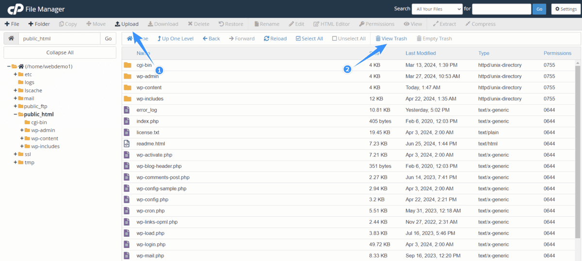 upload và trash trên cpanel