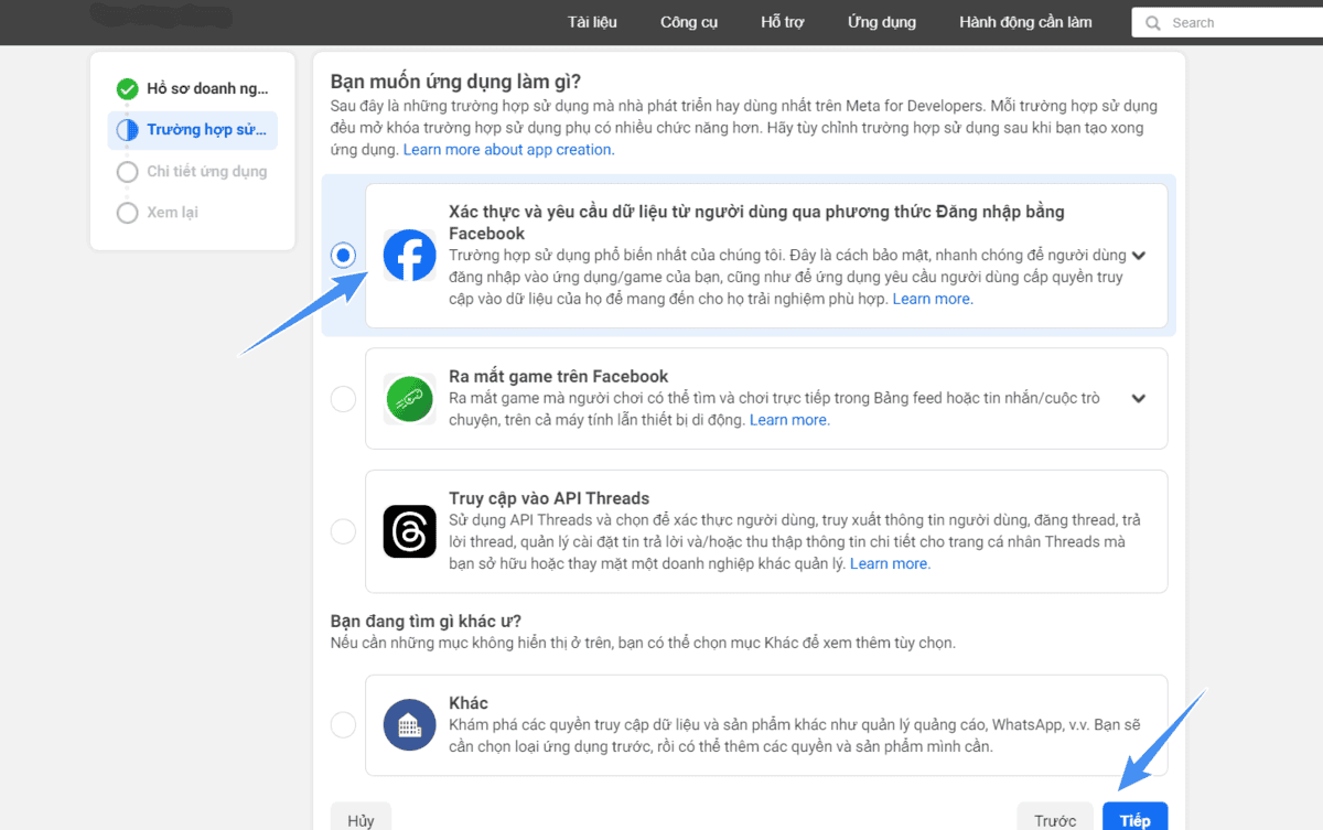 chọn trường hợp sử dụng app facebook developer