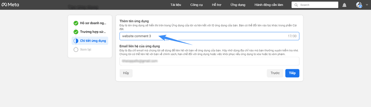 điền tên cho ứng dụng facebook app