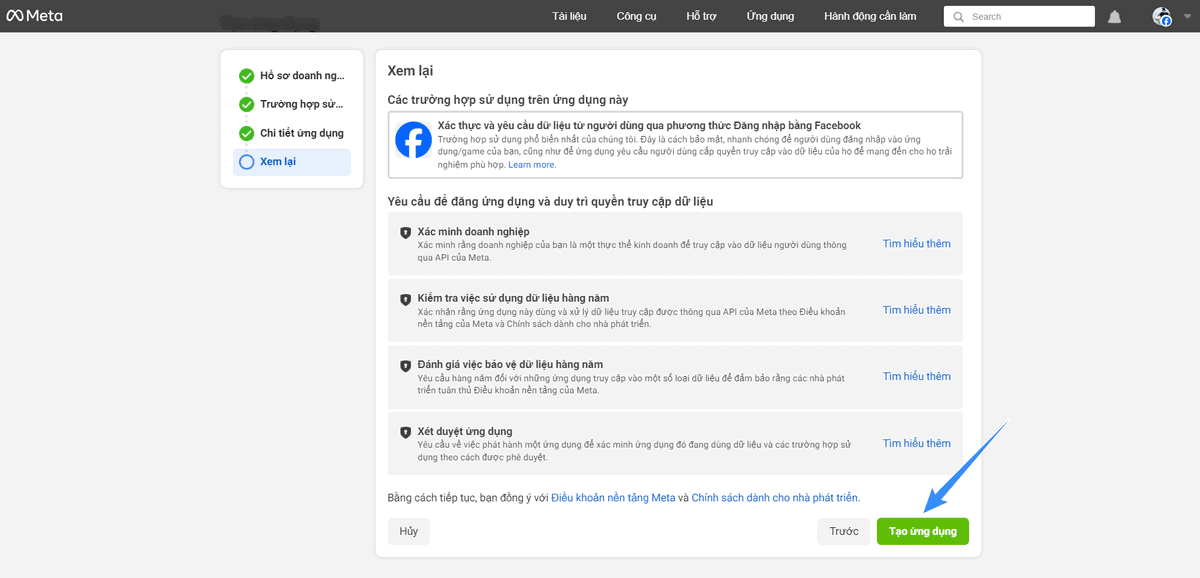hoàn tất tạo ứng dụng trên facebook app