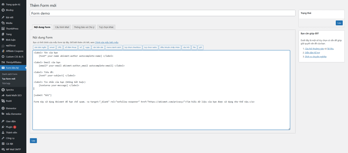 các thành phần trên plugin contact form 7