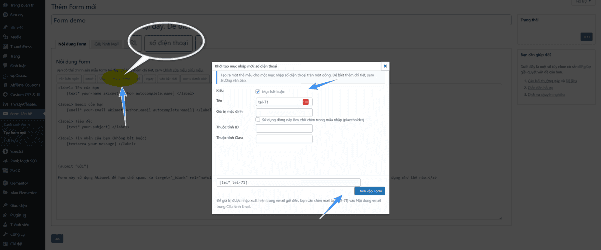 chèn thêm các thành phần vào contact form 7