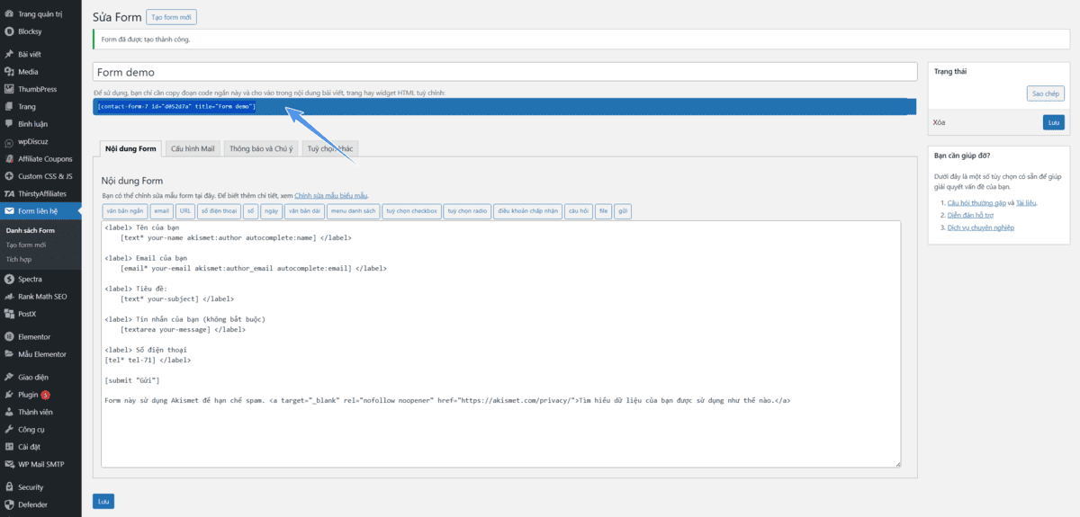 mã shortcode trên contact form 7